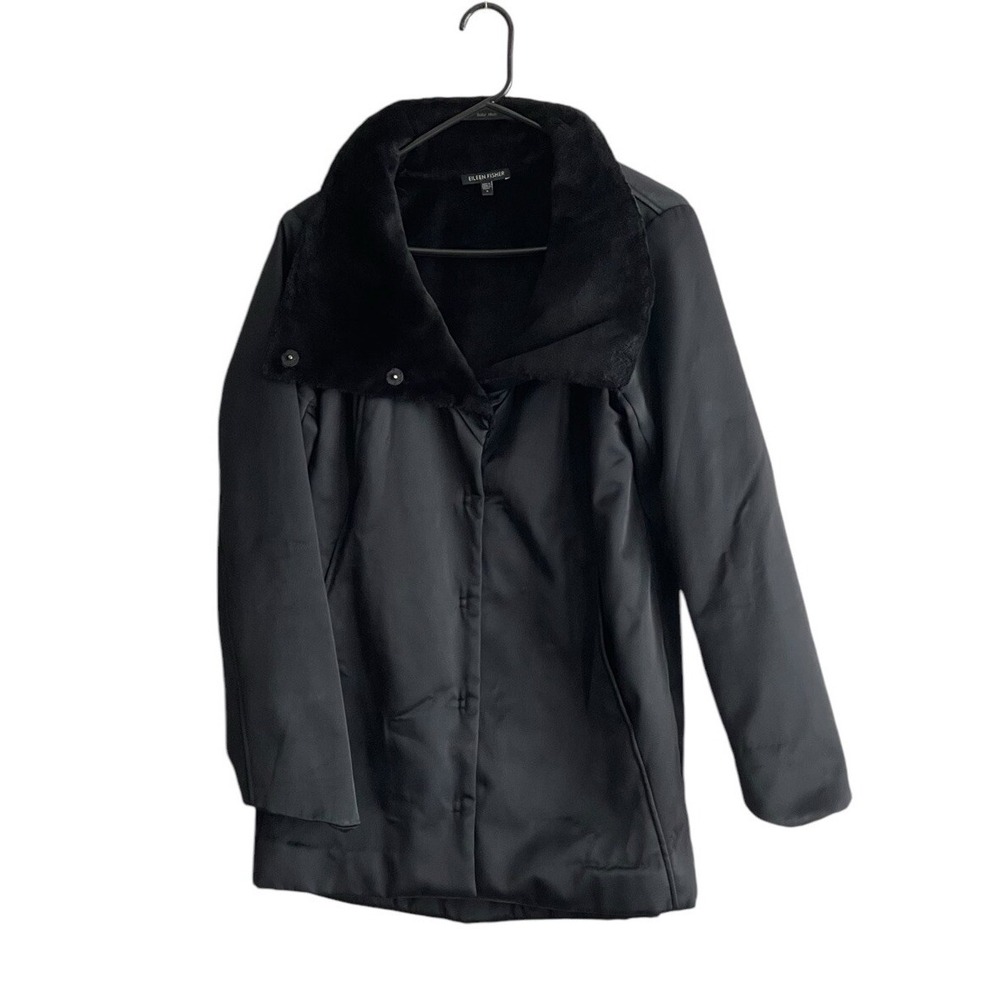 Eileen Fisher Black Coat Small Mid Length Snap Front Plush Collar Pocket